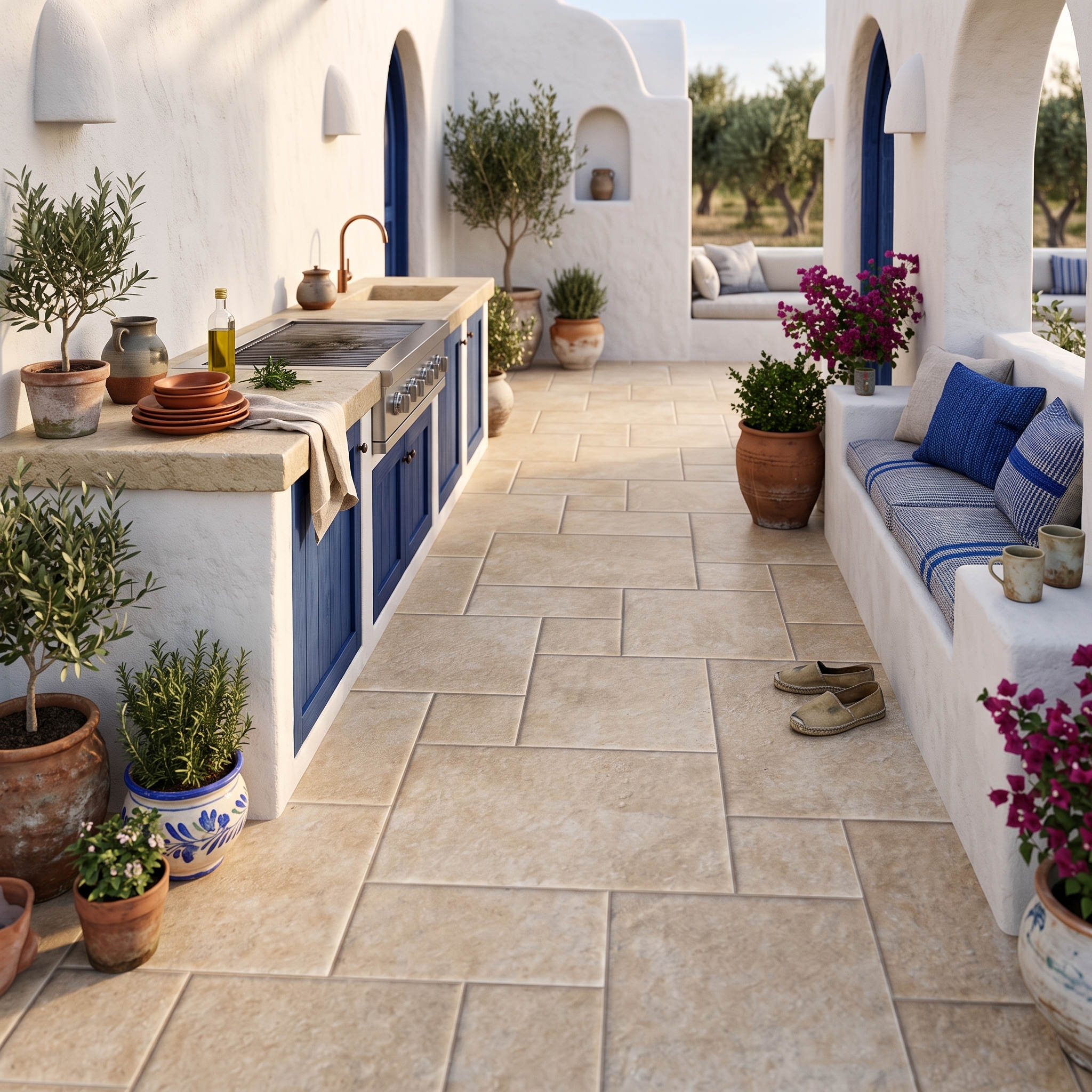 Tuscania French External Beige French Pattern external porcelain tile, installed in a room