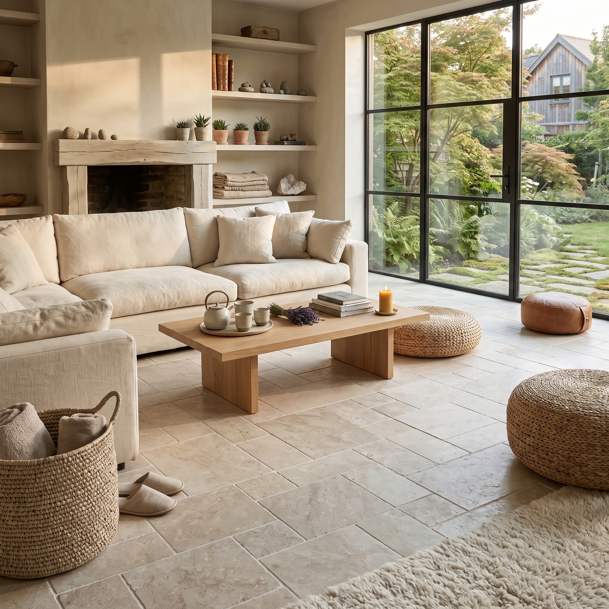 Tuscania French Matt Almond French Pattern matt porcelain tile, installed in a room