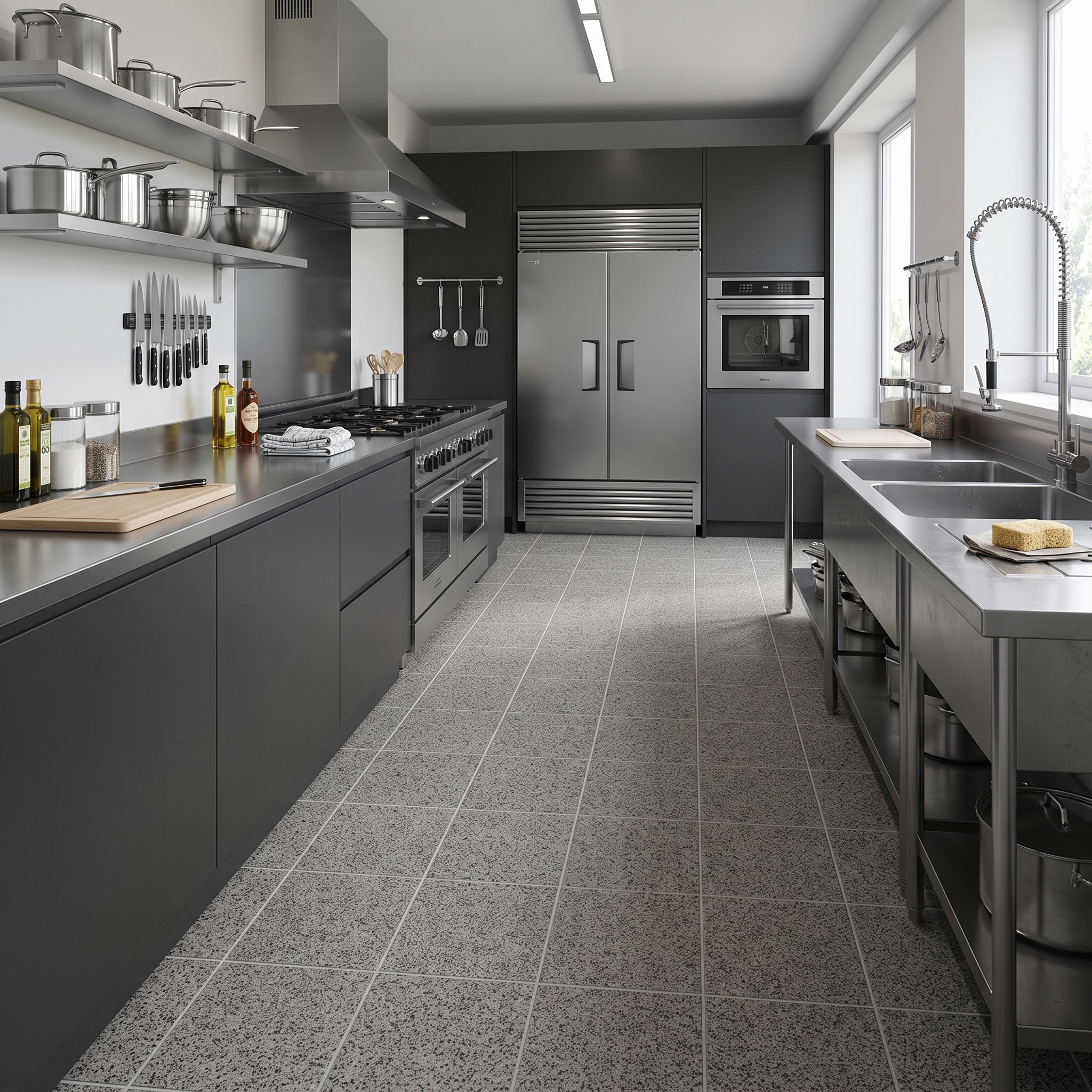 Conegliano 20 External (Sand) Grey external porcelain (full body) tile, installed in a room