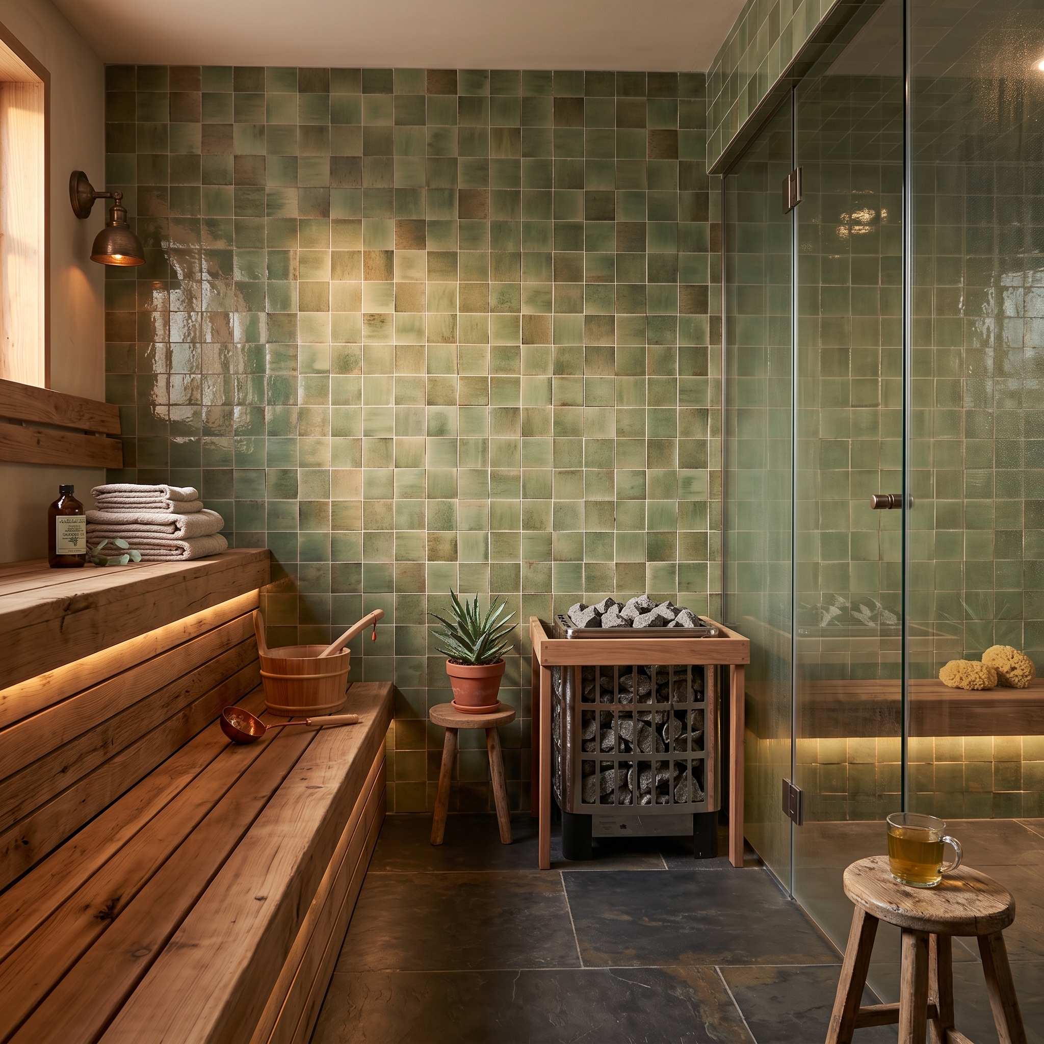 Tremezzo 10 Gloss Giada Green gloss ceramic tile, installed in a room