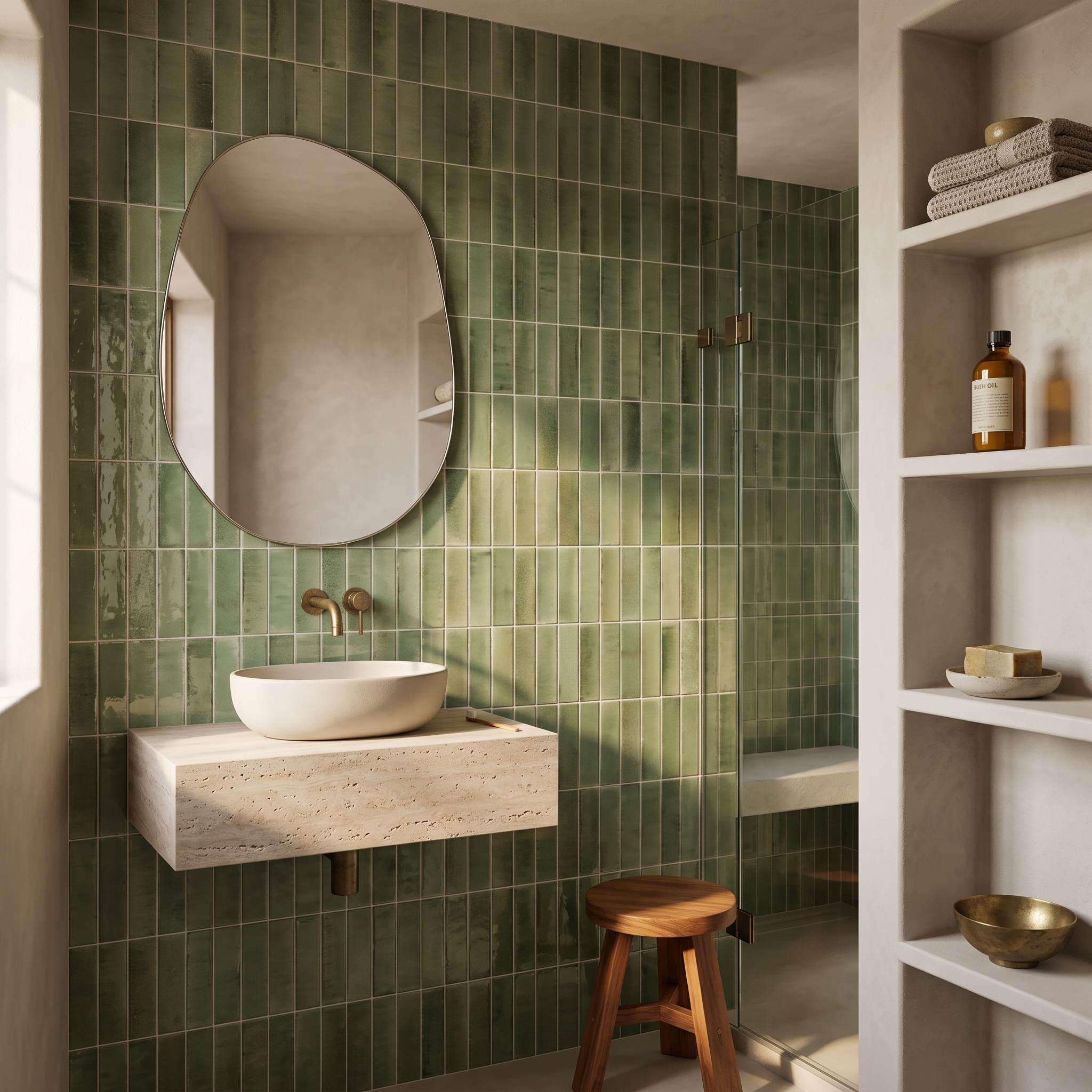 Tremezzo Subway Gloss Giada Green gloss ceramic tile, installed in a room