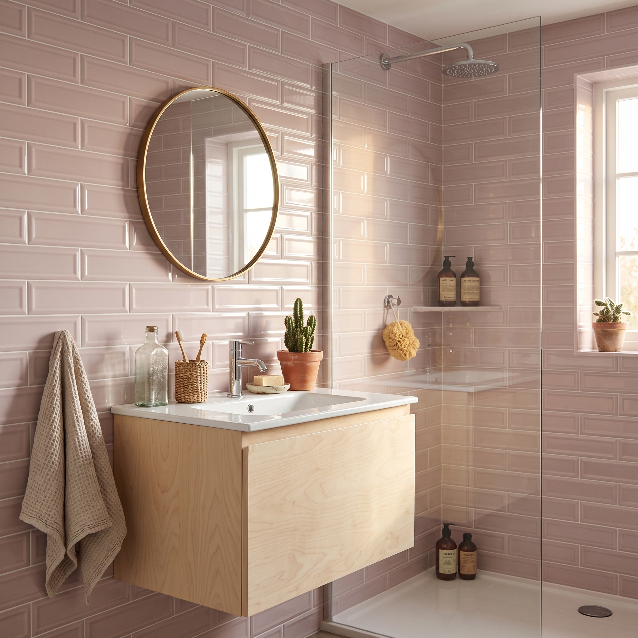 Cernobbio Subway Gloss Pink Frame gloss ceramic tile, installed in a room