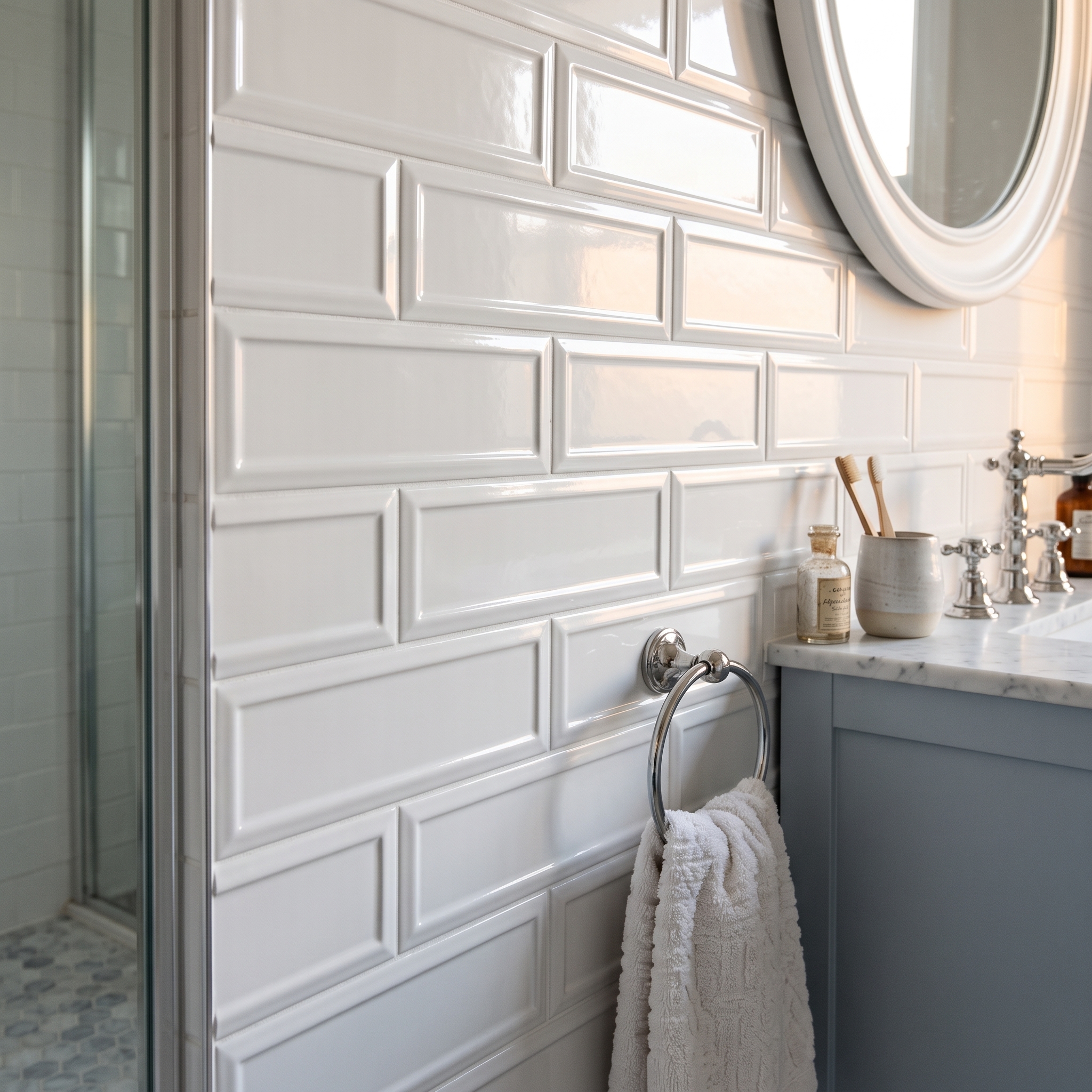 Cernobbio Subway Gloss White Frame gloss ceramic tile, installed in a room