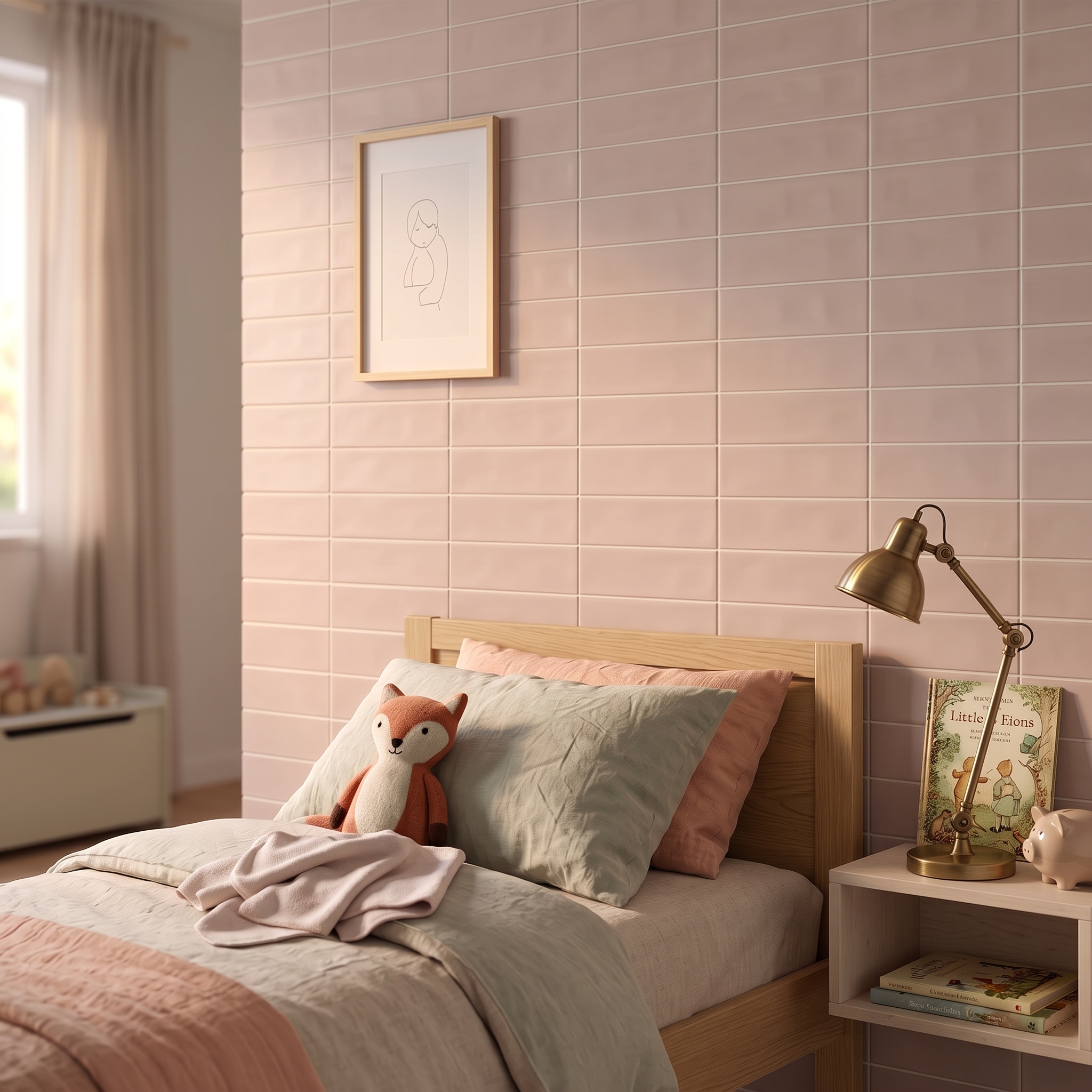 Cernobbio Subway Satin Pink Wavy satin ceramic tile, installed in a room