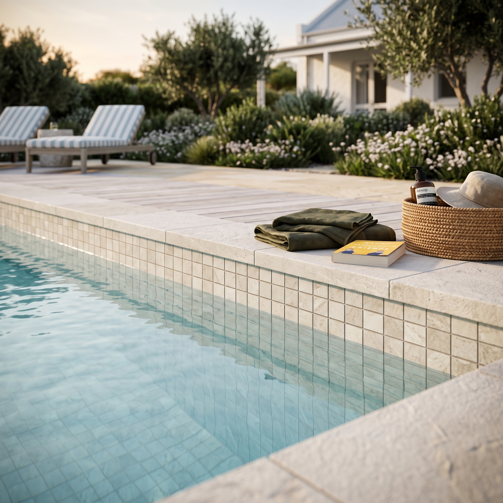 Verbania Pool Mosaic Silver Frost porcelain tile, installed in a room