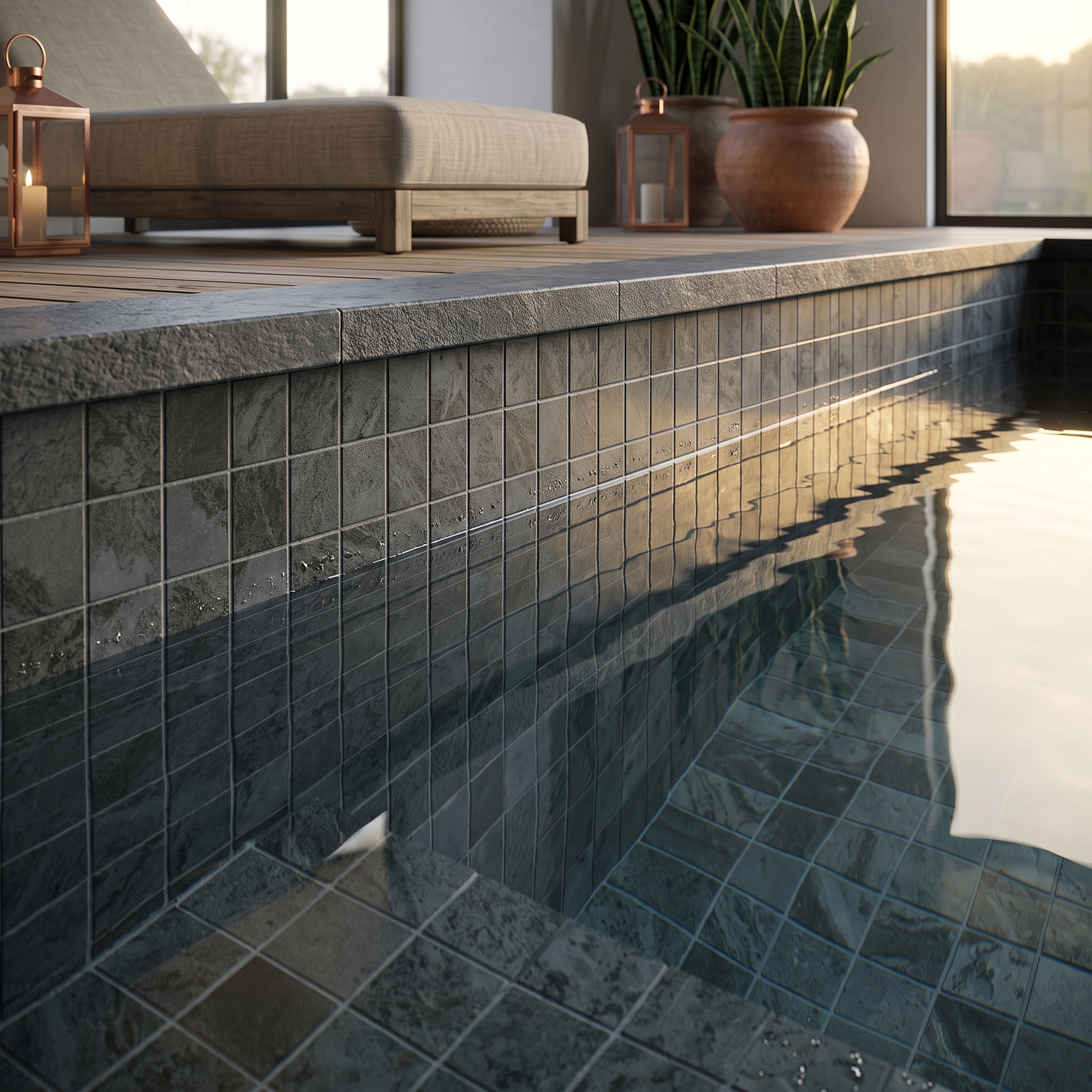 Verbania Pool Mosaic Bluestone porcelain tile, installed in a room