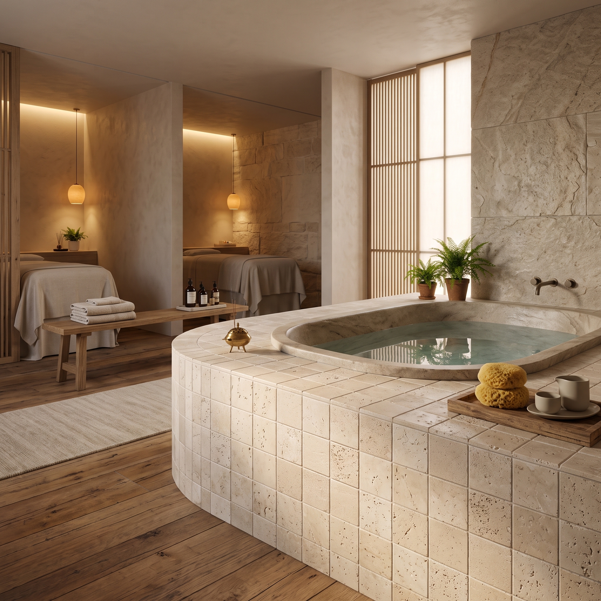 Montalcino Naturale Beige Travertine natural stone tile, installed in a room